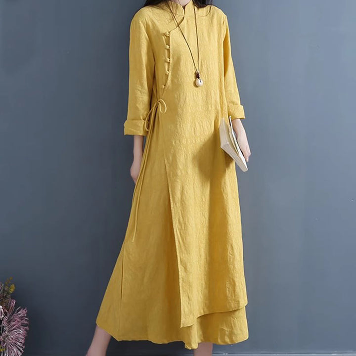 Vestido midi informal de lino y algodón con cordones laterales, diseño de botones de rana y estampado de Buddha Stones para primavera - image 5