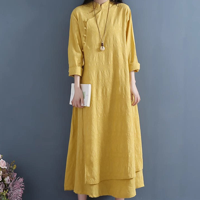 Vestido midi informal de lino y algodón con cordones laterales, diseño de botones de rana y estampado de Buddha Stones para primavera - image 6