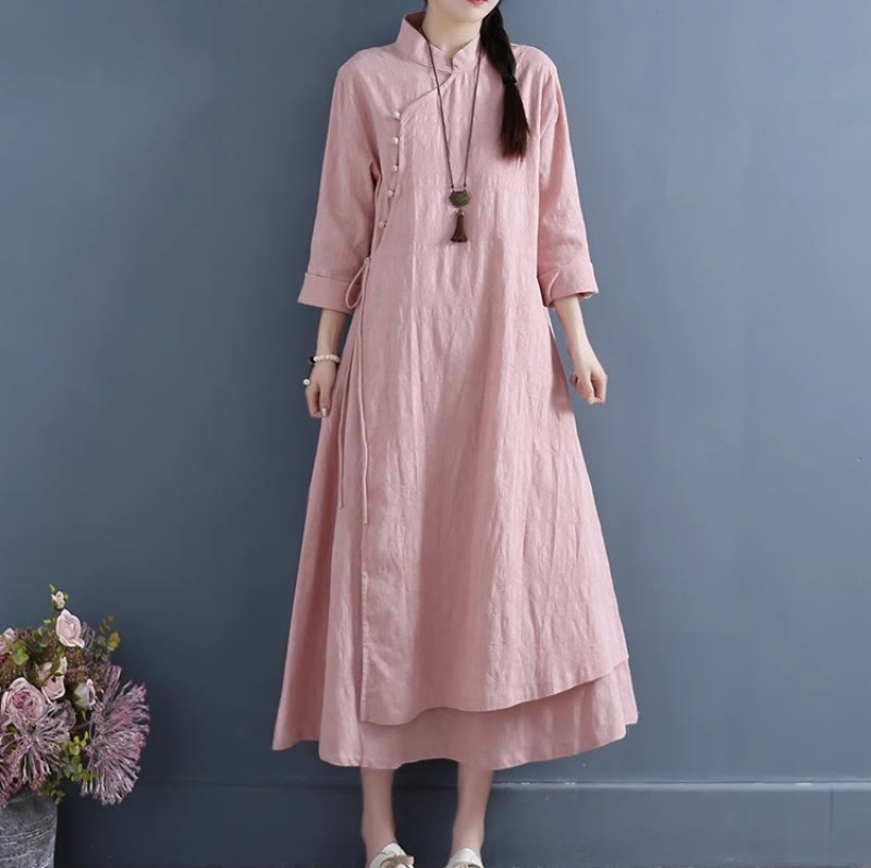 Vestido midi informal de lino y algodón con cordones laterales, diseño de botones de rana y estampado de Buddha Stones para primavera - Rosa claro - US8-10，UK/AU12-14，EU40-42 (2XL) - image 15