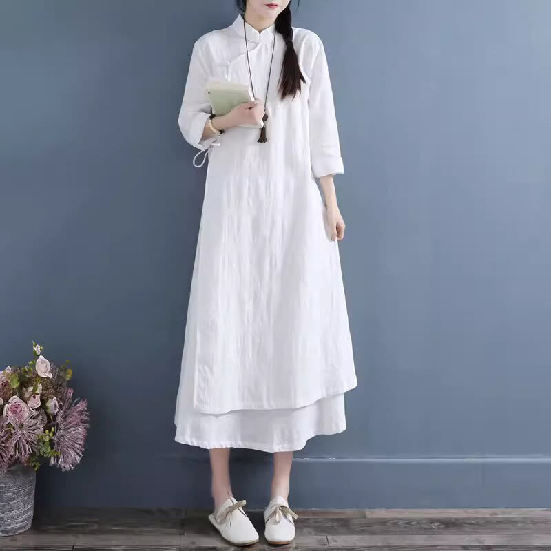 Vestido midi informal de lino y algodón con cordones laterales, diseño de botones de rana y estampado de Buddha Stones para primavera - image 2