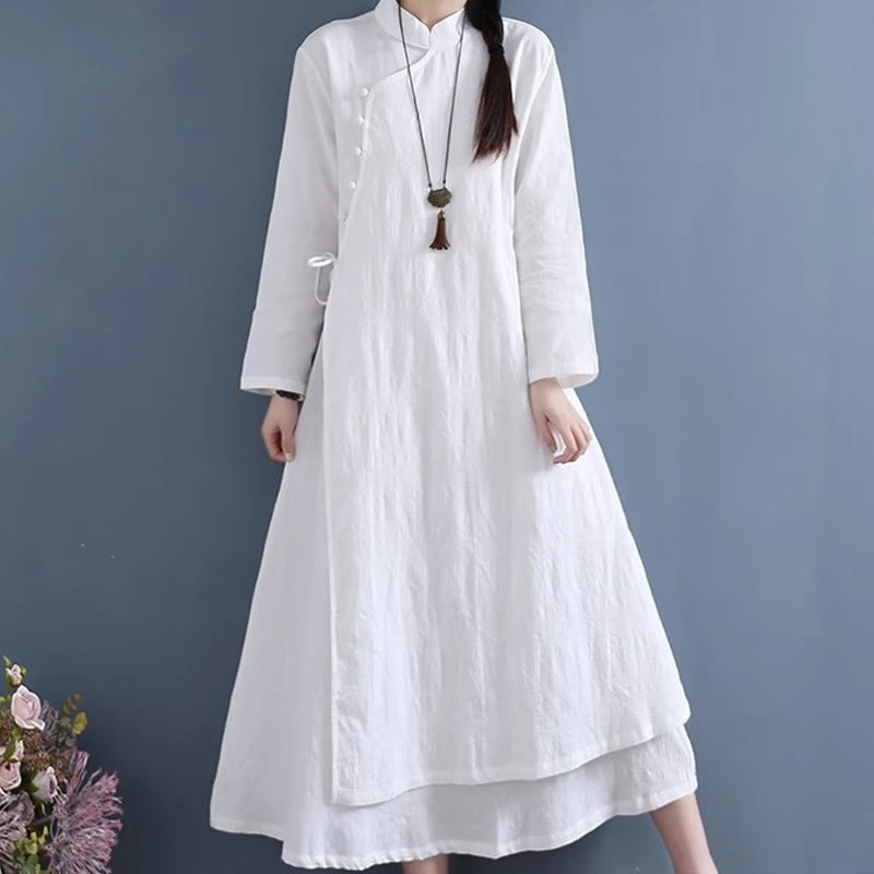 Vestido midi casual de primavera con Buddha Stones, diseño liso con botones de rana y cordones laterales. - Blanco - US8-10，UK/AU12-14，EU40-42 (2XL) - image 0