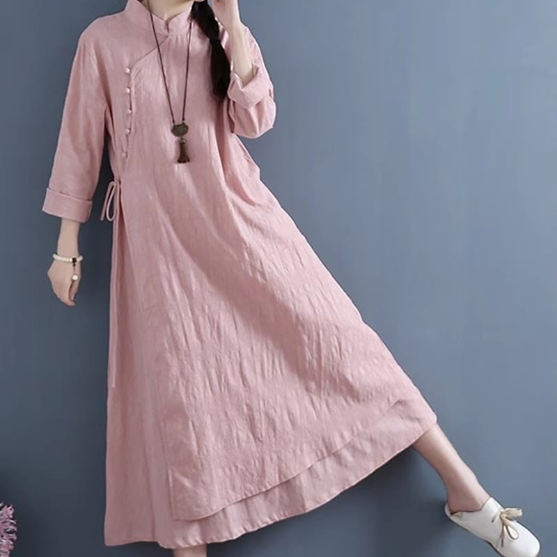 Vestido midi informal de lino y algodón con cordones laterales, diseño de botones de rana y estampado de Buddha Stones para primavera - image 16