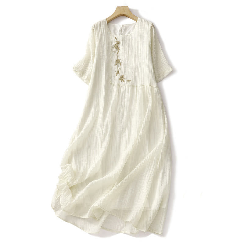 Vestido midi informal de verano con bordado liso y doble capa de algodón y lino de manga corta con Buddha Stones - Amarillo claro - US8-10，UK/AU12-14，EU40-42 (2XL) - image 10