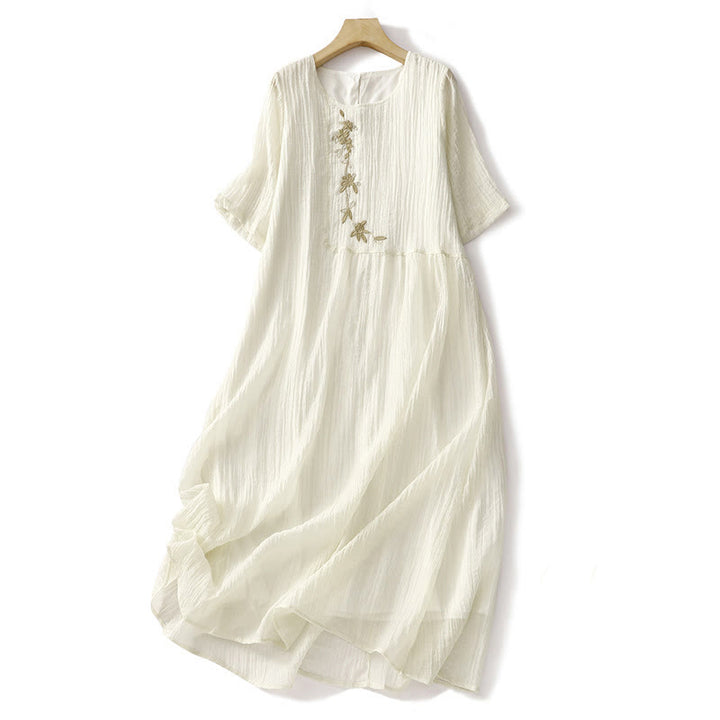 Vestido midi informal de verano con bordado liso y doble capa de algodón y lino de manga corta con Buddha Stones - Amarillo claro - US8-10，UK/AU12-14，EU40-42 (2XL) - image 10