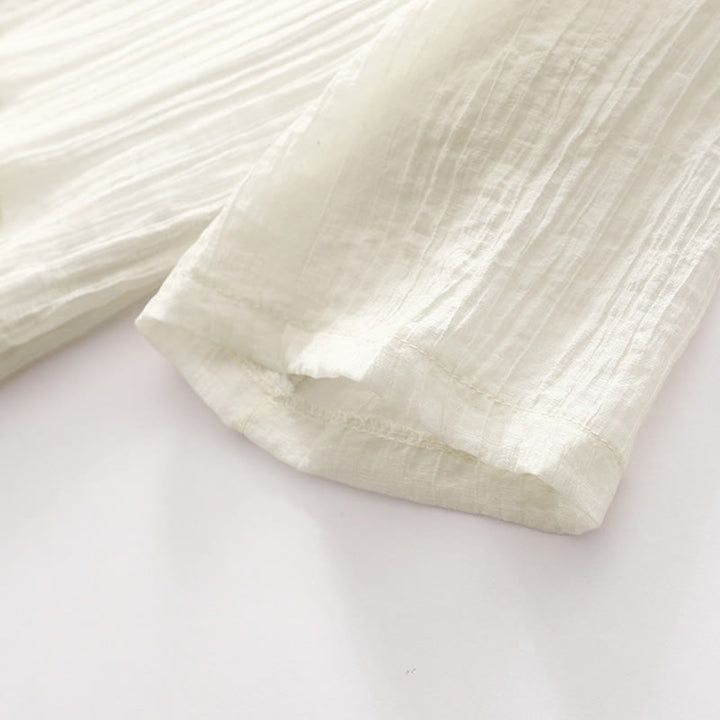 Vestido midi informal de verano con bordado liso y doble capa de algodón y lino de manga corta con Buddha Stones - image 16