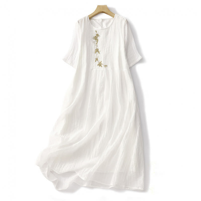 Vestido midi informal de verano con bordado liso y doble capa de algodón y lino de manga corta con Buddha Stones - Blanco - US8-10，UK/AU12-14，EU40-42 (2XL) - image 22