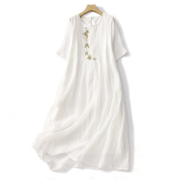 Vestido midi informal de verano con bordado liso y doble capa de algodón y lino de manga corta con Buddha Stones - Blanco - US8-10，UK/AU12-14，EU40-42 (2XL) - image 22