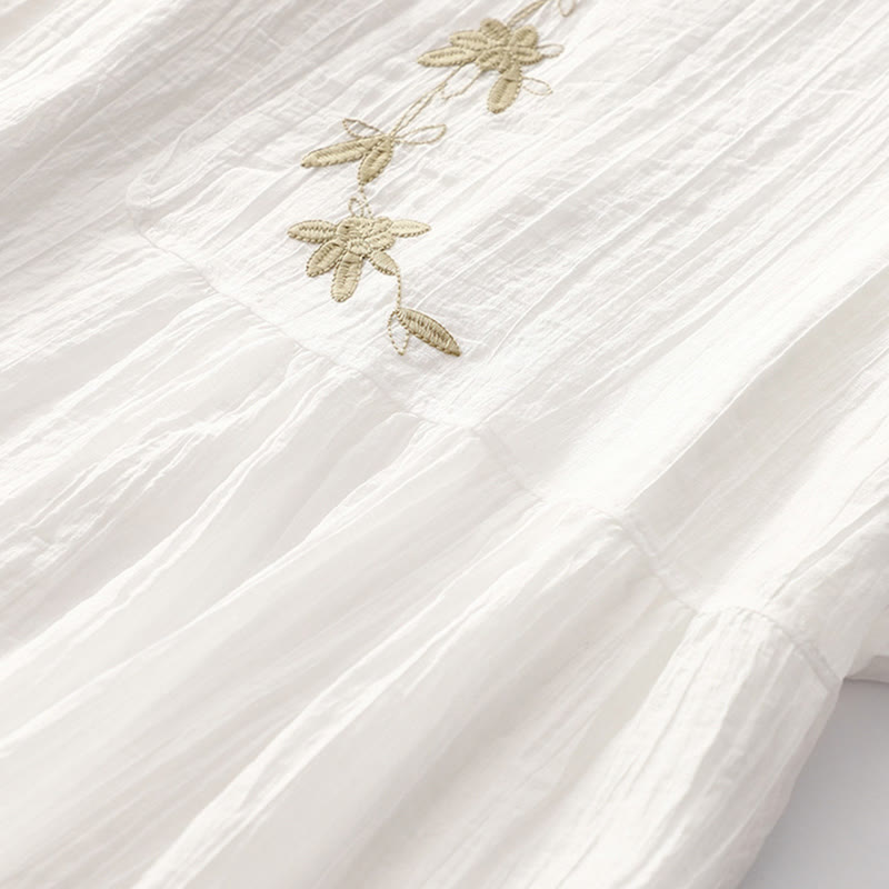 Vestido midi informal de verano con bordado liso y doble capa de algodón y lino de manga corta con Buddha Stones - image 24