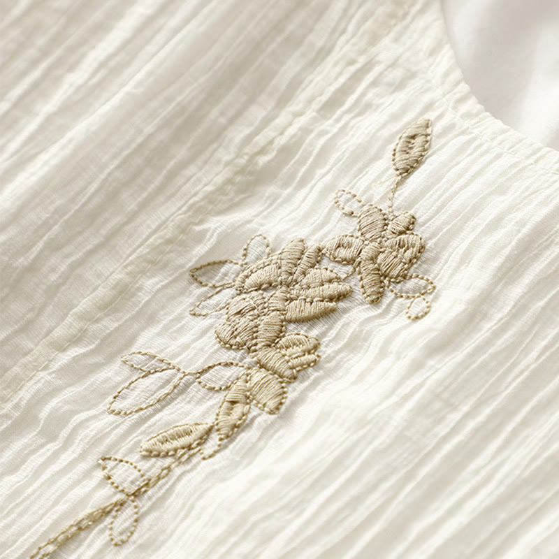 Vestido midi informal de verano con bordado liso y doble capa de algodón y lino de manga corta con Buddha Stones - image 12