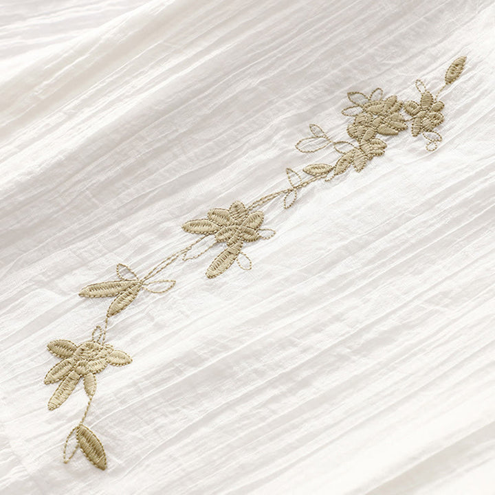 Vestido midi informal de verano con bordado liso y doble capa de algodón y lino de manga corta con Buddha Stones - image 23