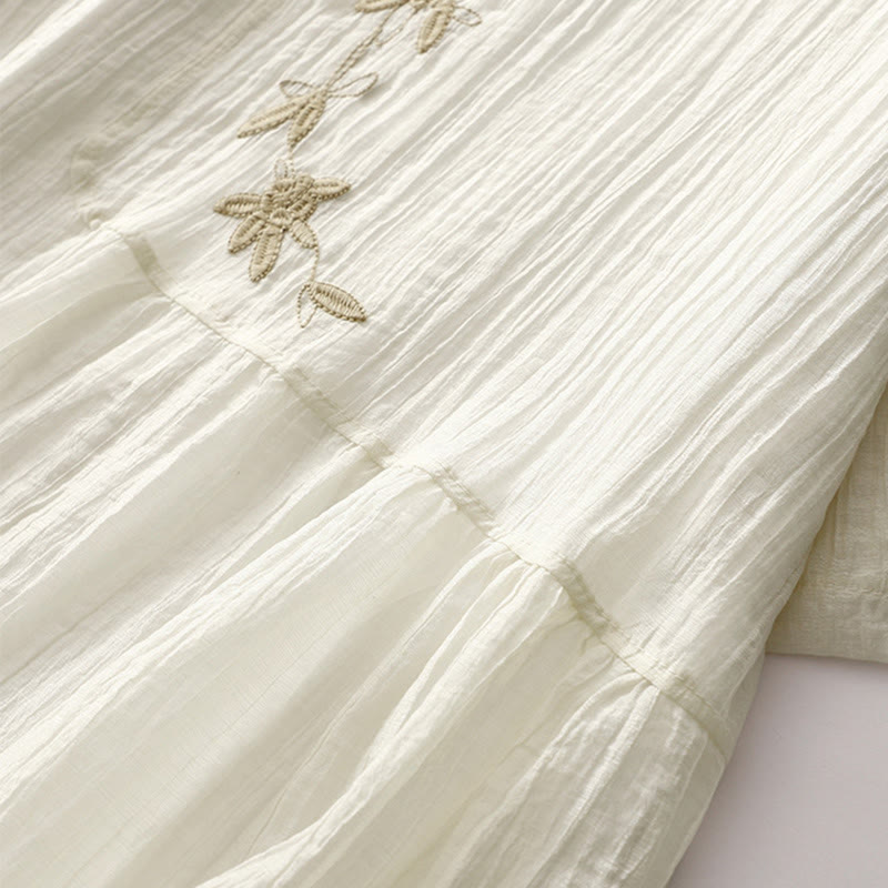 Vestido midi informal de verano con bordado liso y doble capa de algodón y lino de manga corta con Buddha Stones - image 13