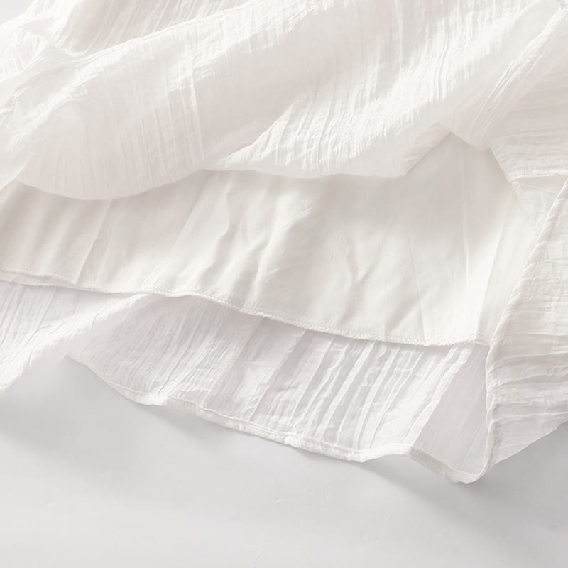 Vestido midi informal de verano con bordado liso y doble capa de algodón y lino de manga corta con Buddha Stones - image 29