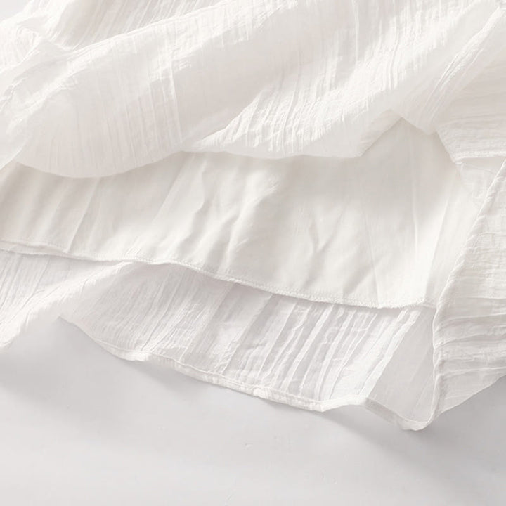 Vestido midi informal de verano con bordado liso y doble capa de algodón y lino de manga corta con Buddha Stones - image 29