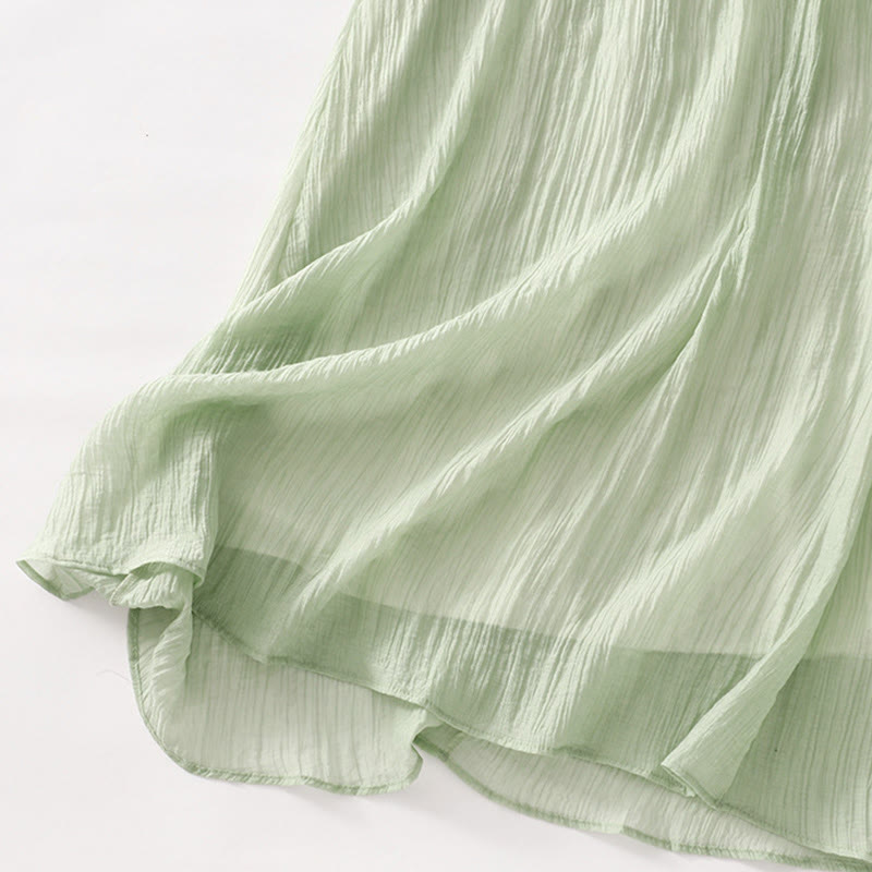 Vestido midi informal de verano con bordado liso y doble capa de algodón y lino de manga corta con Buddha Stones - image 7