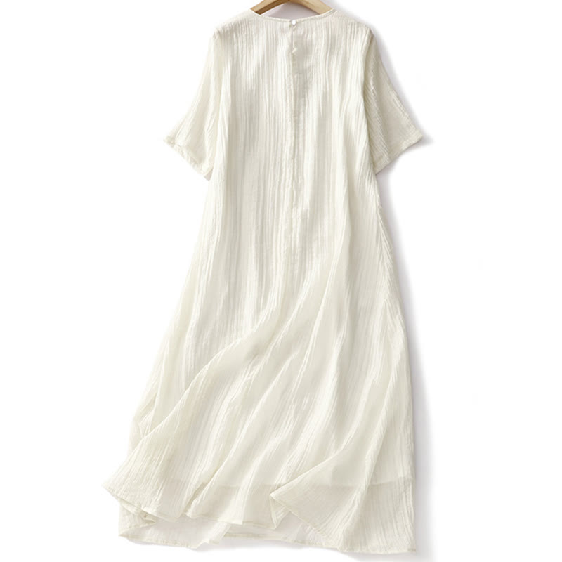 Vestido midi informal de verano con bordado liso y doble capa de algodón y lino de manga corta con Buddha Stones - image 10