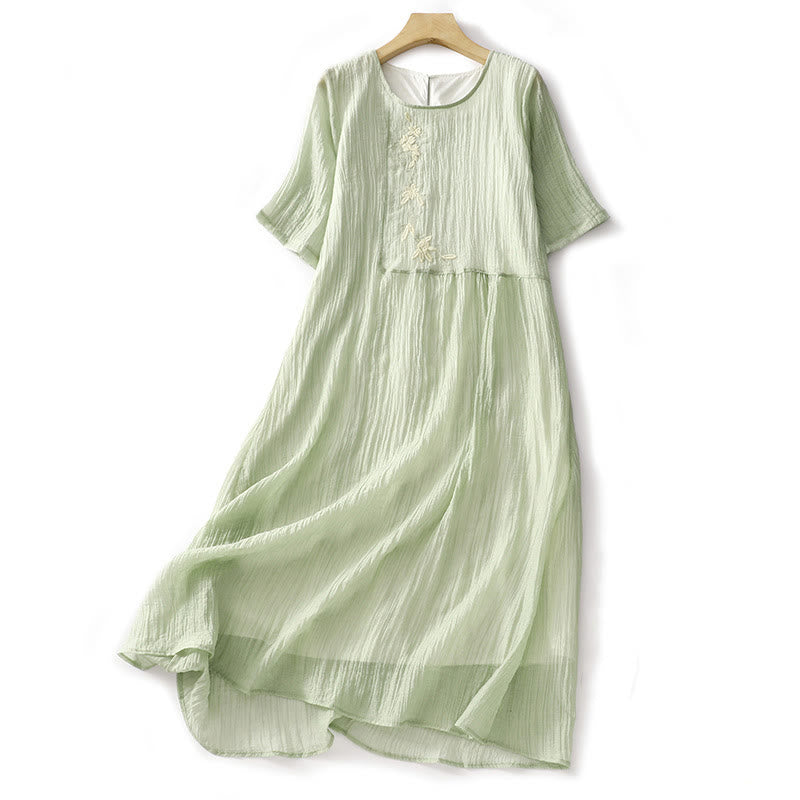 Vestido midi informal de verano con bordado liso y doble capa de algodón y lino de manga corta con Buddha Stones - Verde pálido - US8-10，UK/AU12-14，EU40-42 (2XL) - image 1