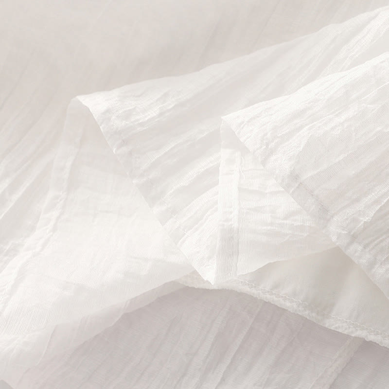 Vestido midi informal de verano con bordado liso y doble capa de algodón y lino de manga corta con Buddha Stones - image 28