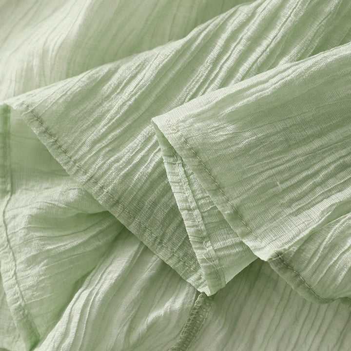 Vestido midi informal de verano con bordado liso y doble capa de algodón y lino de manga corta con Buddha Stones - image 6