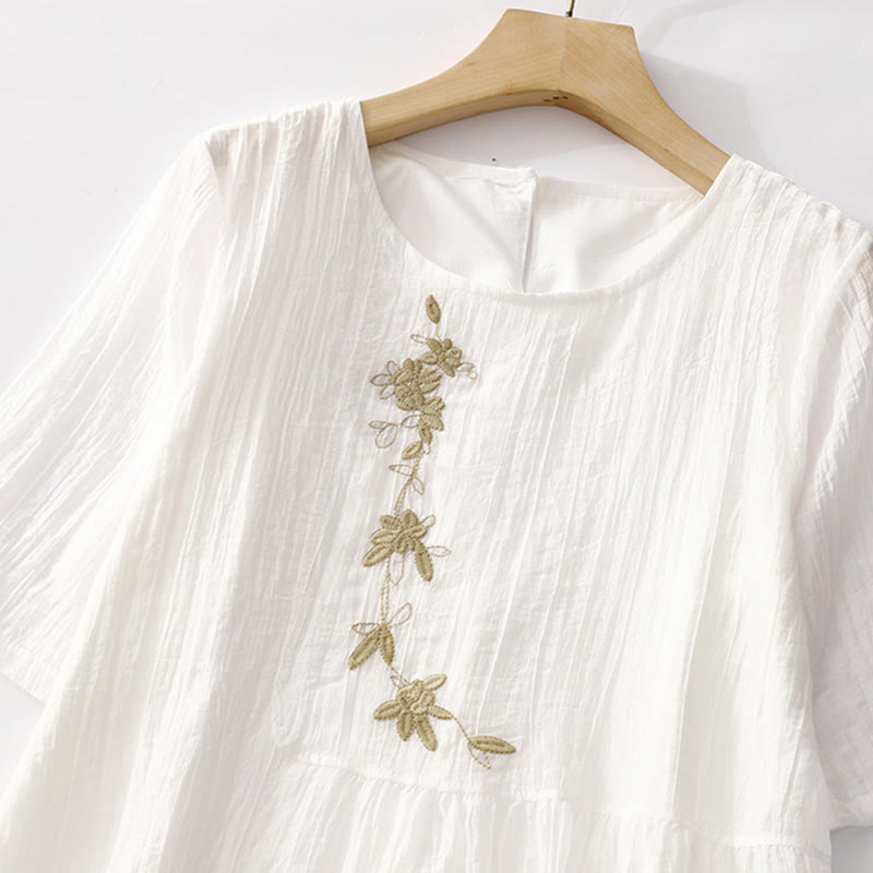 Vestido midi informal de verano con bordado liso y doble capa de algodón y lino de manga corta con Buddha Stones - image 23