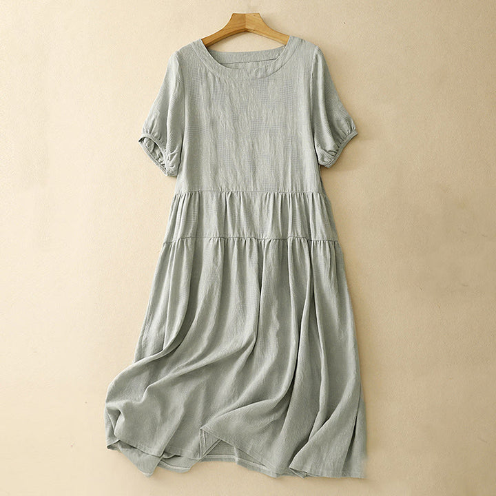 Vestido midi de algodón de manga corta con cuello redondo y puños elásticos de jacquard de verano con Buddha Stones