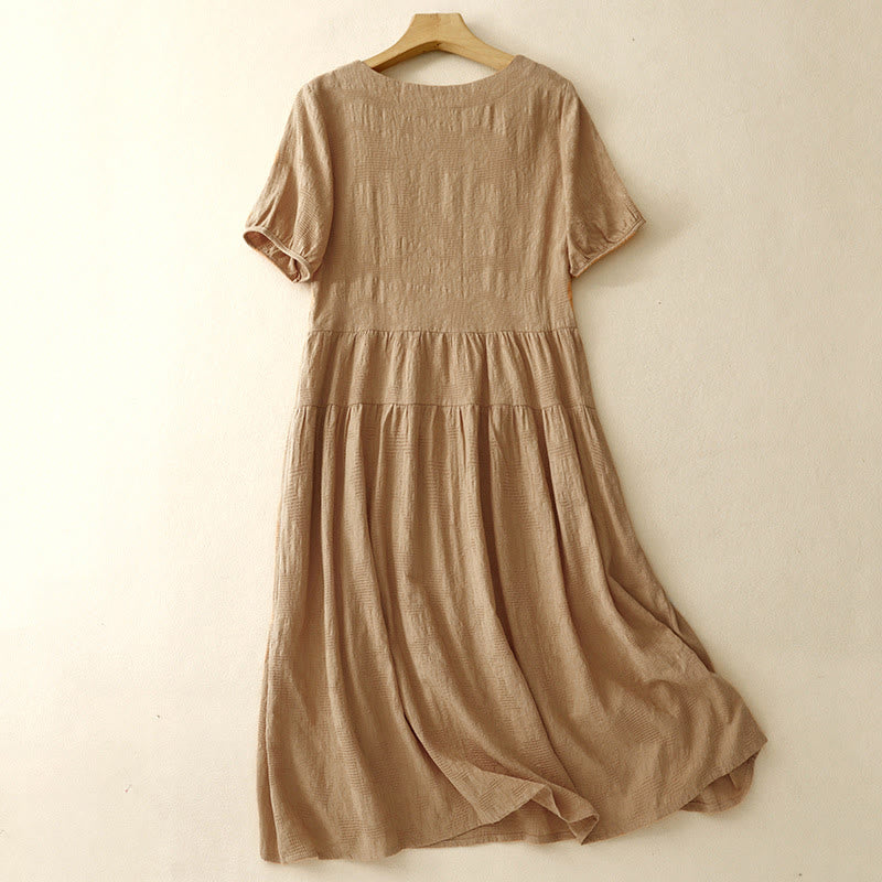 Vestido midi de algodón de manga corta con cuello redondo y puños elásticos de jacquard de verano con Buddha Stones