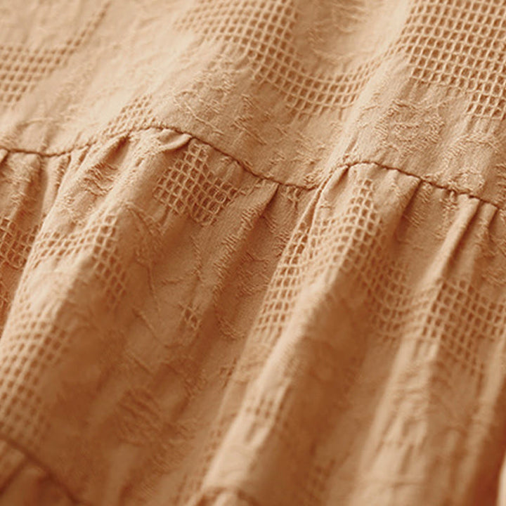 Vestido midi de algodón de manga corta con cuello redondo y puños elásticos de jacquard de verano con Buddha Stones