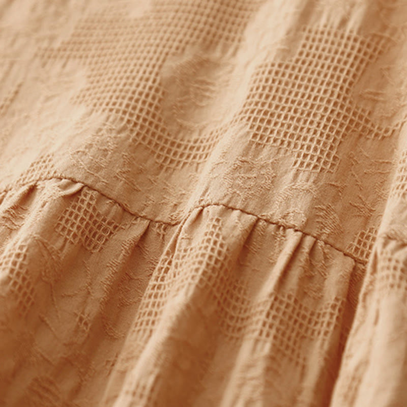 Vestido midi de algodón de manga corta con cuello redondo y puños elásticos de jacquard de verano con Buddha Stones