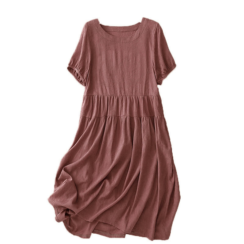 Vestido midi de algodón de manga corta con cuello redondo y puños elásticos de jacquard de verano con Buddha Stones