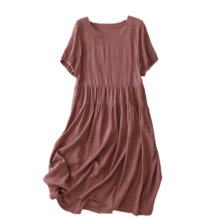 Vestido midi de algodón de manga corta con cuello redondo y puños elásticos de jacquard de verano con Buddha Stones