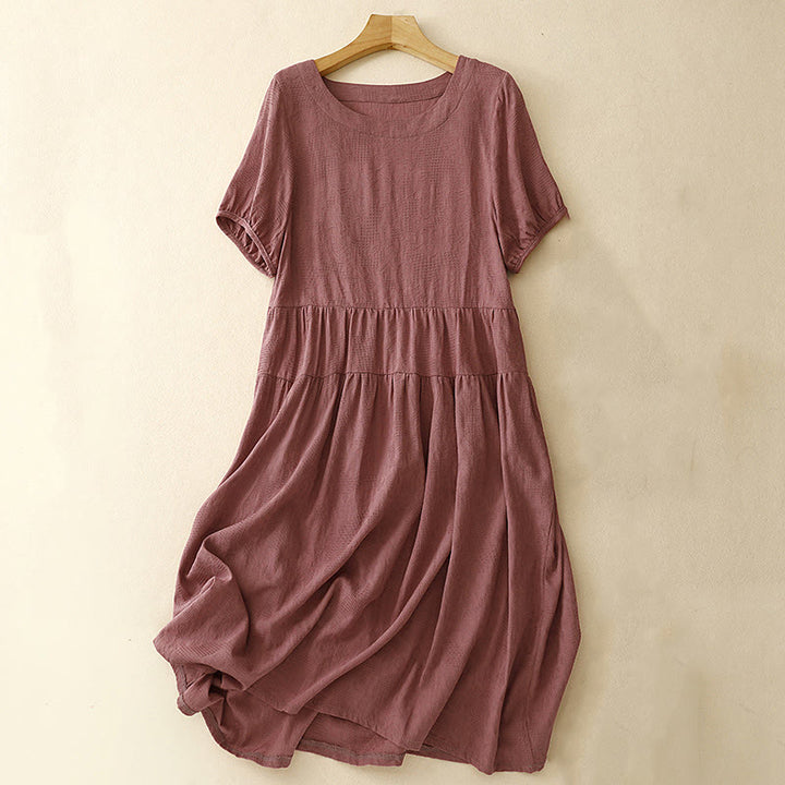 Vestido midi de algodón de manga corta con cuello redondo y puños elásticos de jacquard de verano con Buddha Stones