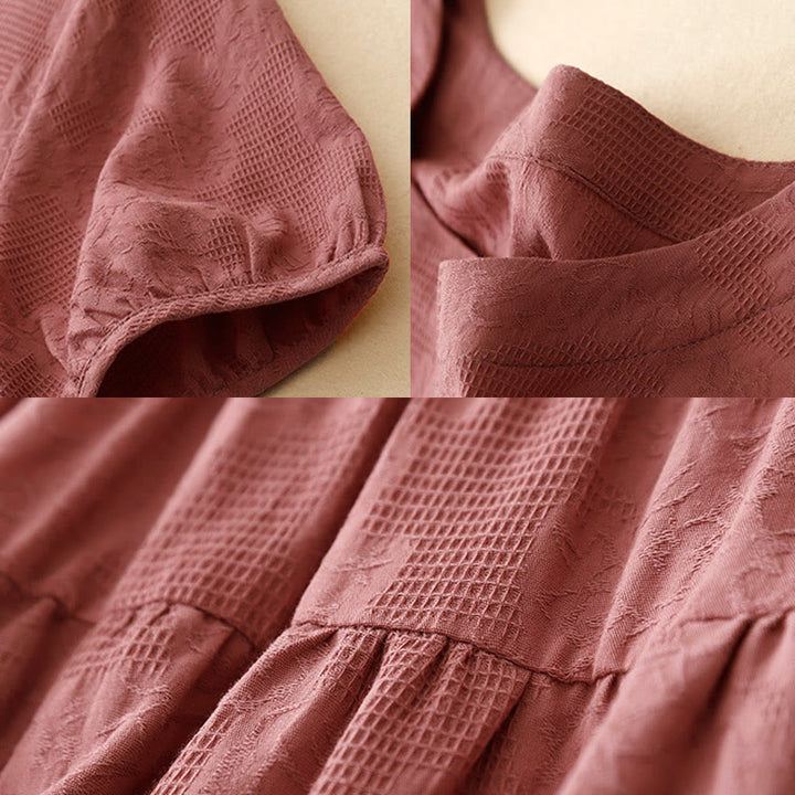 Vestido midi de algodón de manga corta con cuello redondo y puños elásticos de jacquard de verano con Buddha Stones