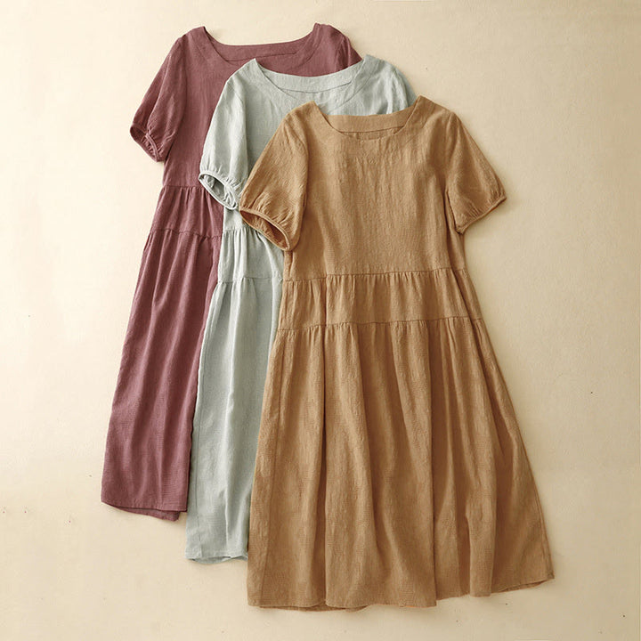 Vestido midi de algodón de manga corta con cuello redondo y puños elásticos de jacquard de verano con Buddha Stones
