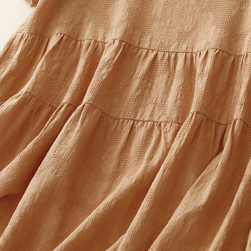 Vestido midi de algodón de manga corta con cuello redondo y puños elásticos de jacquard de verano con Buddha Stones