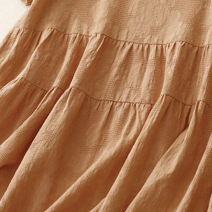 Vestido midi de algodón de manga corta con cuello redondo y puños elásticos de jacquard de verano con Buddha Stones