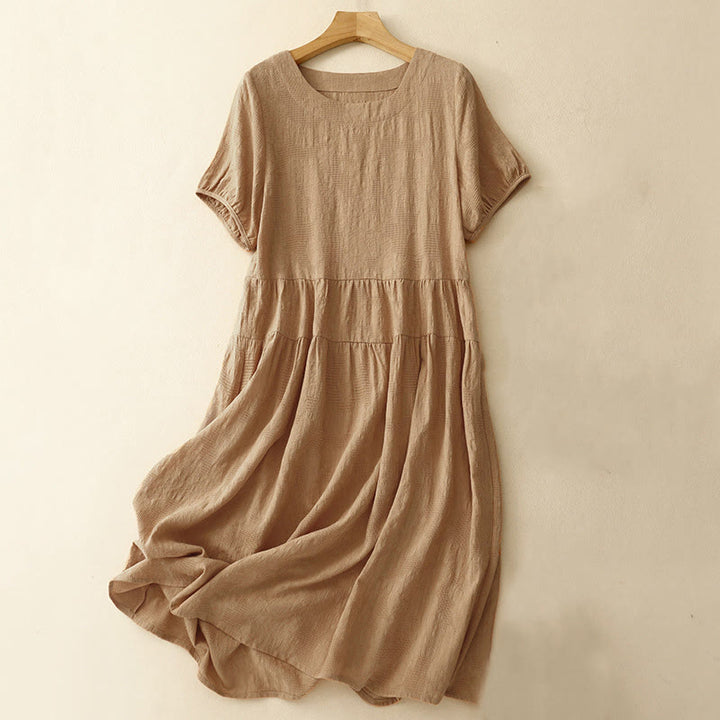 Vestido midi de algodón de manga corta con cuello redondo y puños elásticos de jacquard de verano con Buddha Stones