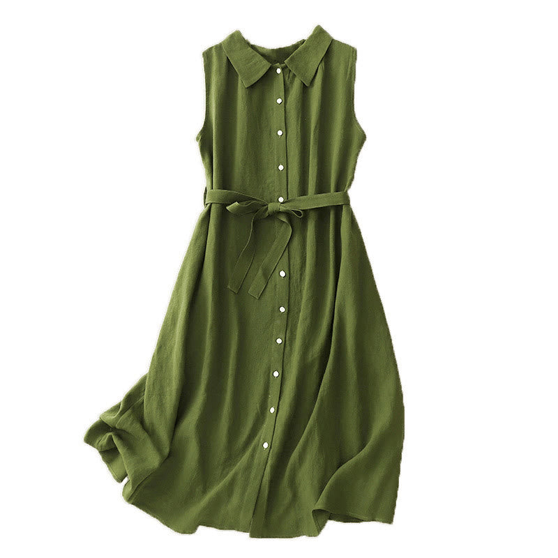 Vestido midi de algodón sin mangas con solapa y botones en la parte delantera, estilo cárdigan de Buddha Stones, de verano, liso, con cordones - image 13