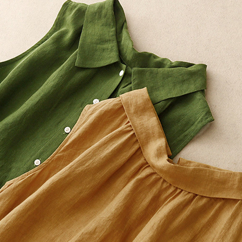 Vestido midi de algodón sin mangas con cuello de solapa y cordones, estampado Buddha Stones Summer. - image 15
