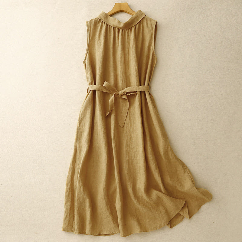 Vestido midi de algodón sin mangas con solapa y botones en la parte delantera, estilo cárdigan de Buddha Stones, de verano, liso, con cordones - image 1