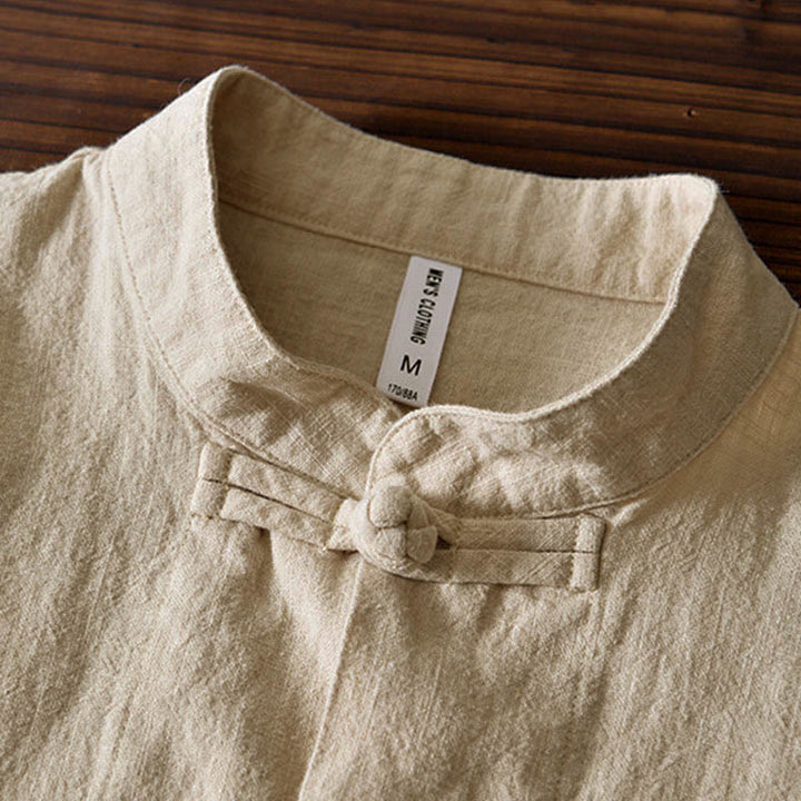 Camisa de hombre de lino y algodón con bolsillos, estilo chino Tang, con estampado de Buddha Stones y botones de rana. - image 24
