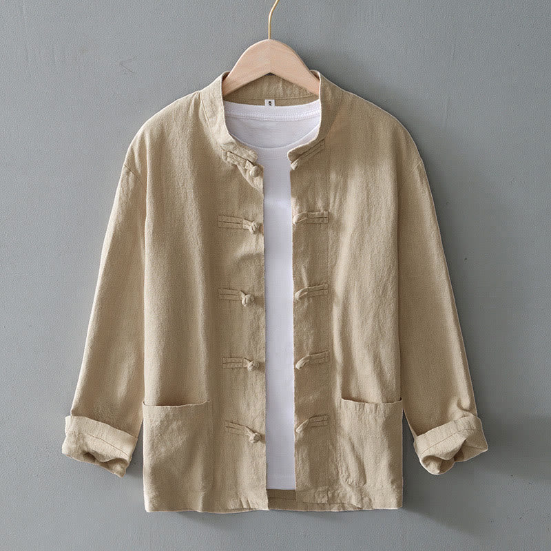 Traje chino Tang de algodón y lino con botones de rana y Buddha Stones para hombre, chaqueta y camisa con bolsillos - Beige - US/UK/AU50, UE60 (5XL) - image 24