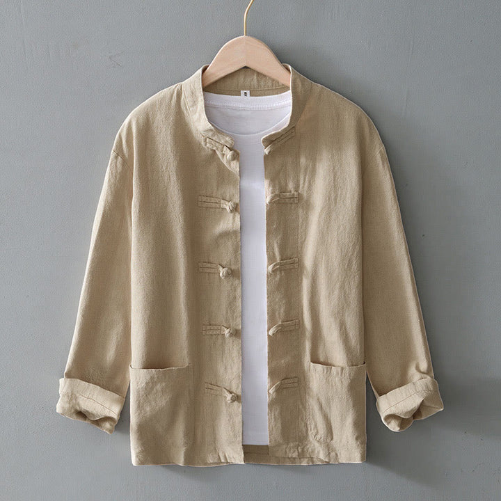 Camisa de hombre de lino y algodón con bolsillos, estilo chino Tang, con estampado de Buddha Stones y botones de rana. - Beige - US/UK/AU50, EU60 (5XL) - image 23