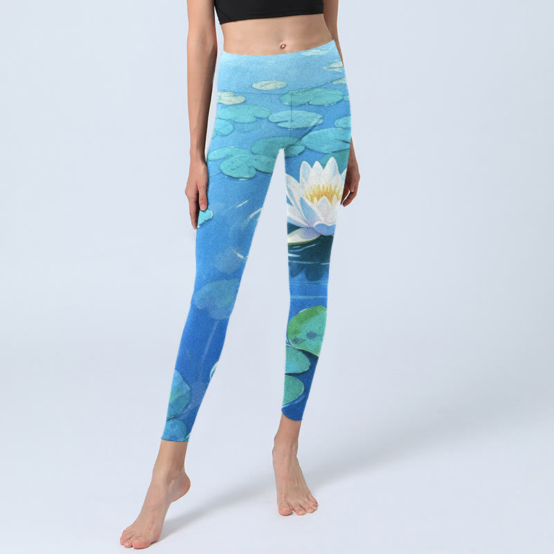 Leggings de yoga para mujer con estampado de flores de loto blancas y hojas de loto verdes y piedras de Buddha Stones - image 6