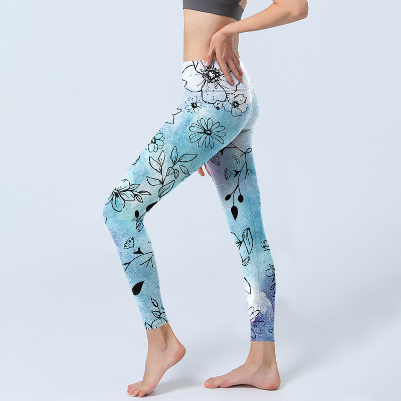 Leggings de yoga para mujer con estampado de hojas y flores de Buddha Stones en negro - image 2