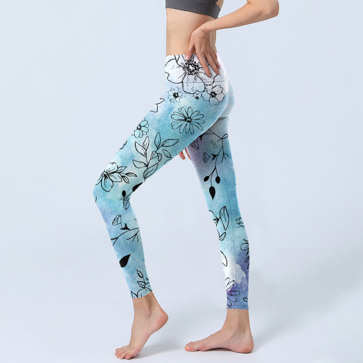 Leggings de yoga para mujer con estampado de hojas y flores de Buddha Stones en negro - image 2