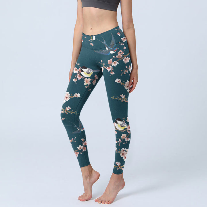 Leggings de yoga para mujer con estampado de Buddha Stones, golondrinas y flores de durazno - Gris pizarra oscuro - US18，UK/AU22，EU50 (4XL) - image 0