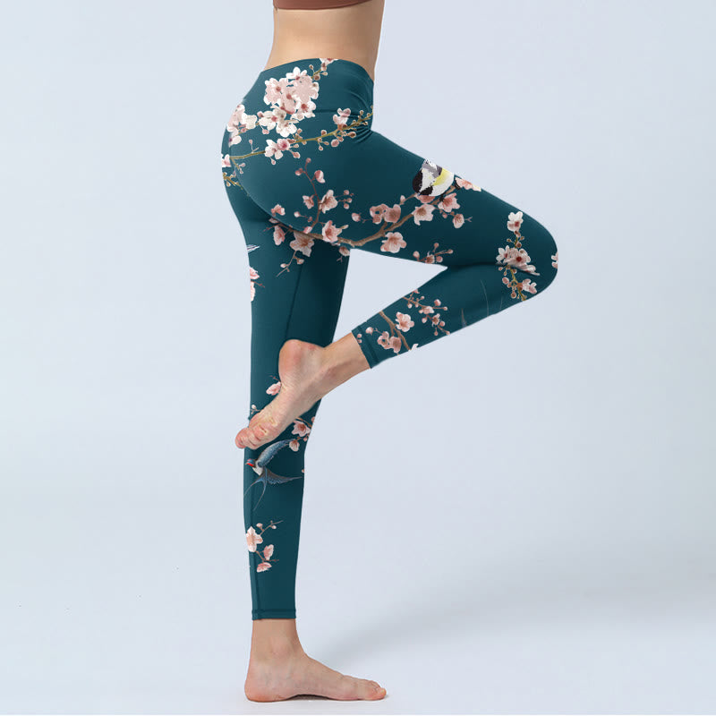 Leggings de yoga para mujer con estampado de Buddha Stones, golondrinas y flores de durazno - image 4