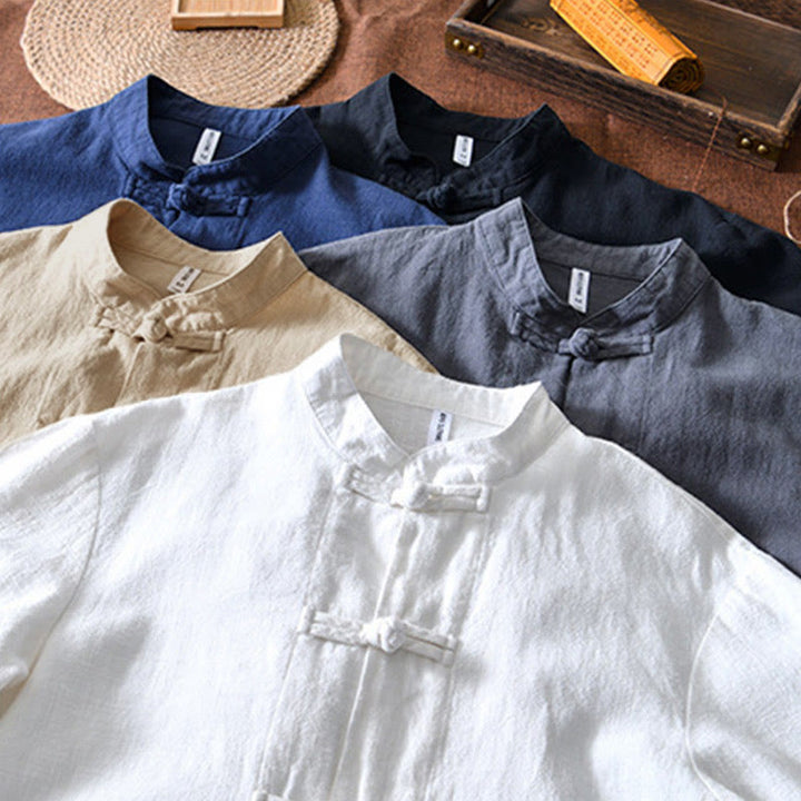 Traje chino Tang de algodón y lino con botones de rana y Buddha Stones para hombre, chaqueta y camisa con bolsillos - image 33