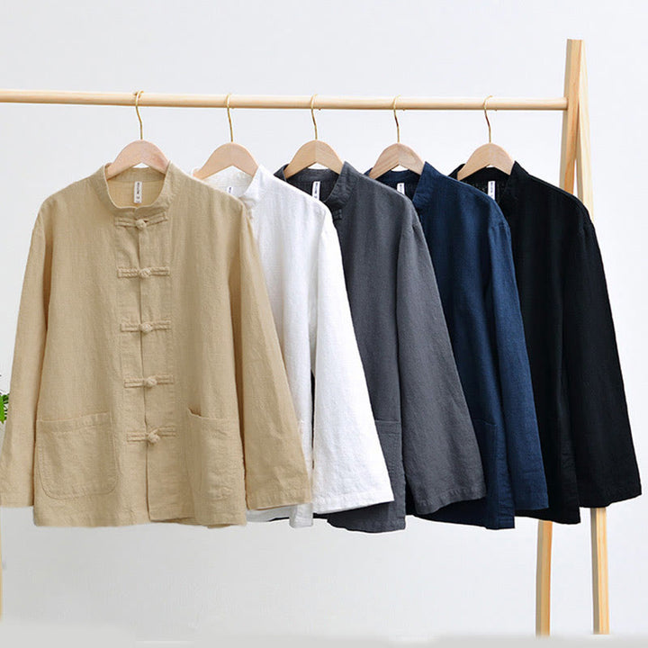 Traje chino Tang de algodón y lino con botones de rana y Buddha Stones para hombre, chaqueta y camisa con bolsillos - image 1