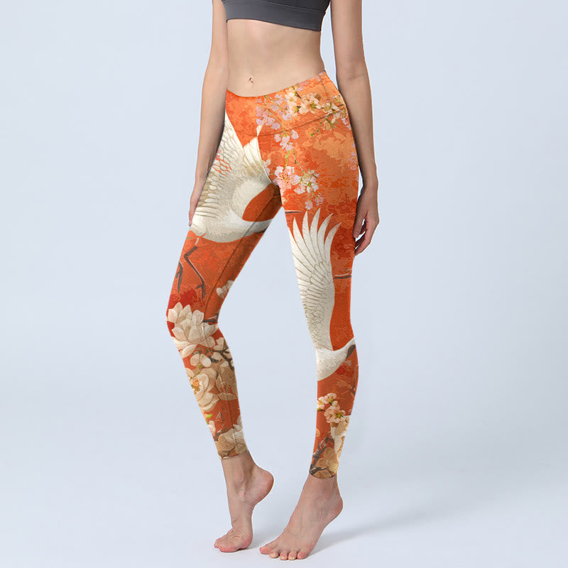 Leggings de yoga para mujer con estampado de flores de loto, grulla de corona roja y Buddha Stones - Rojo anaranjado - US18，UK/AU22，EU50 (4XL) - image 0
