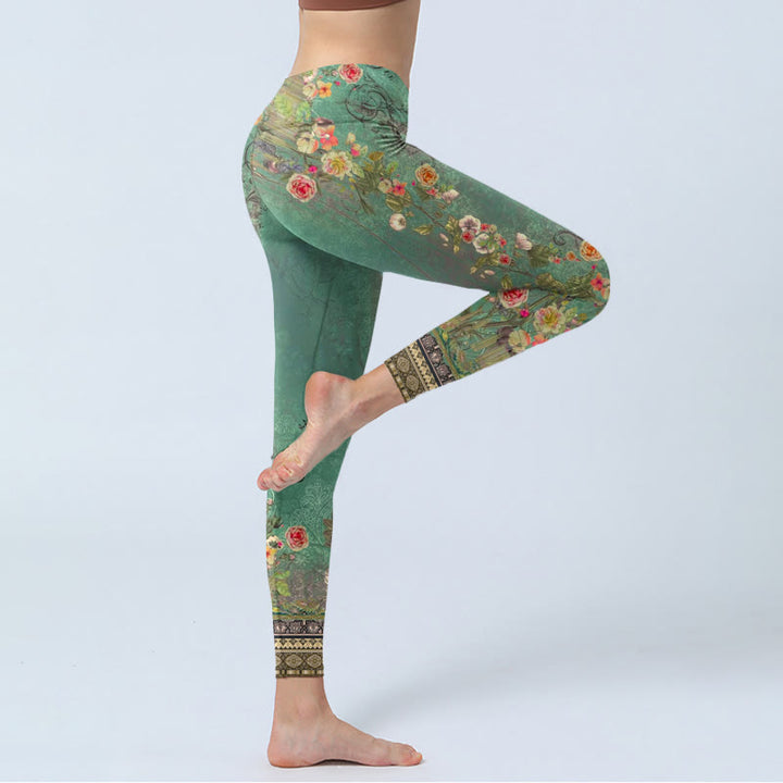 Leggings de yoga para mujer con estampado de damasco y encaje con guirnalda floral vintage de Buddha Stones - image 4